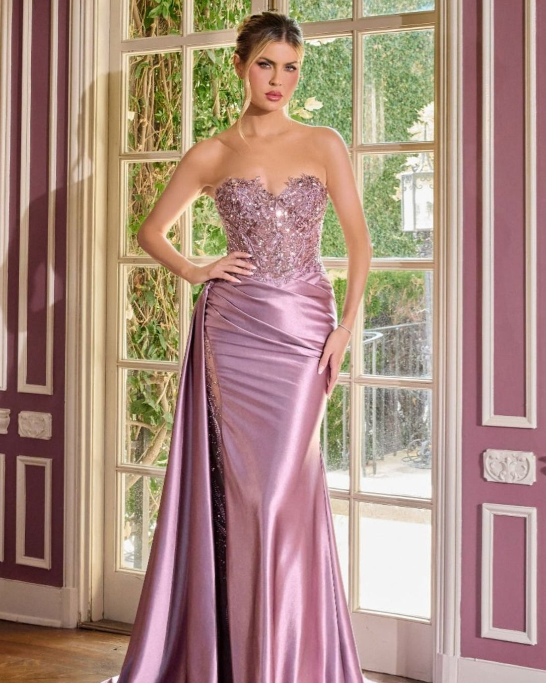 Sequins Embellished Long Graduation Gown w/ Corset Bodice & Side Drape CDCDS565
